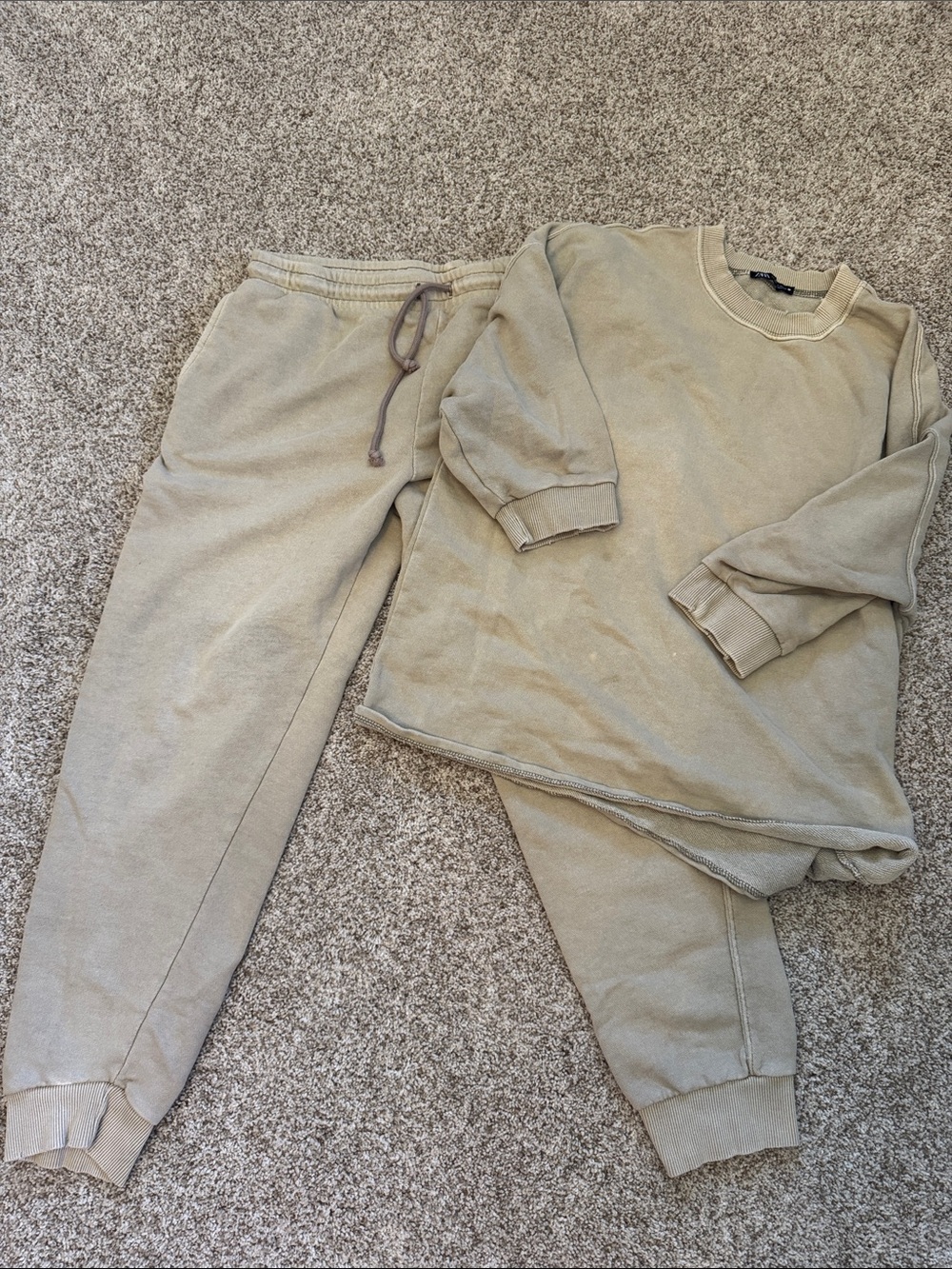 Zara Neutral Tan Sweatshirt & Jogger Set, top small, bottom large